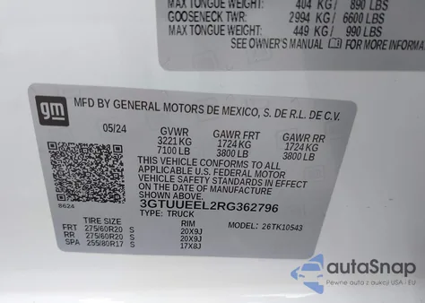 2024 GMC Sierra 1500 4Wd Short Box At4 from USA, damaged, VIN 3GTUUEEL2RG362796